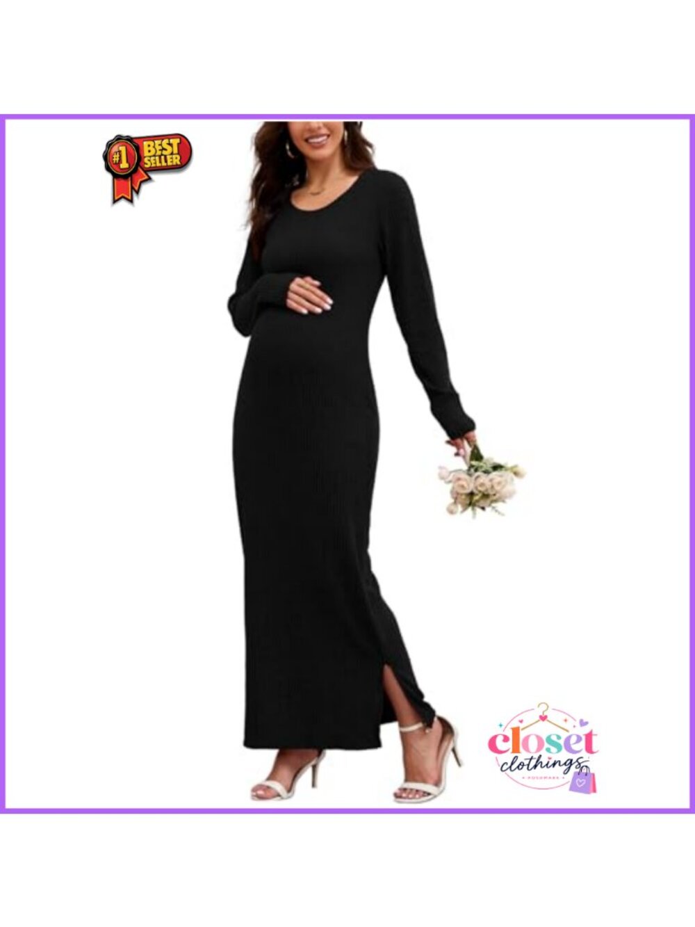 Maternity Bodycon Maxi Dress Long Sleeve Side Split Ribbed Knit